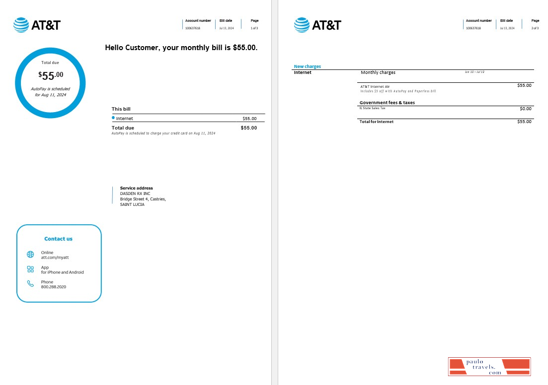 Saint Lucia internet business utility bill Word and PDF template, 3 pages1 PSD template